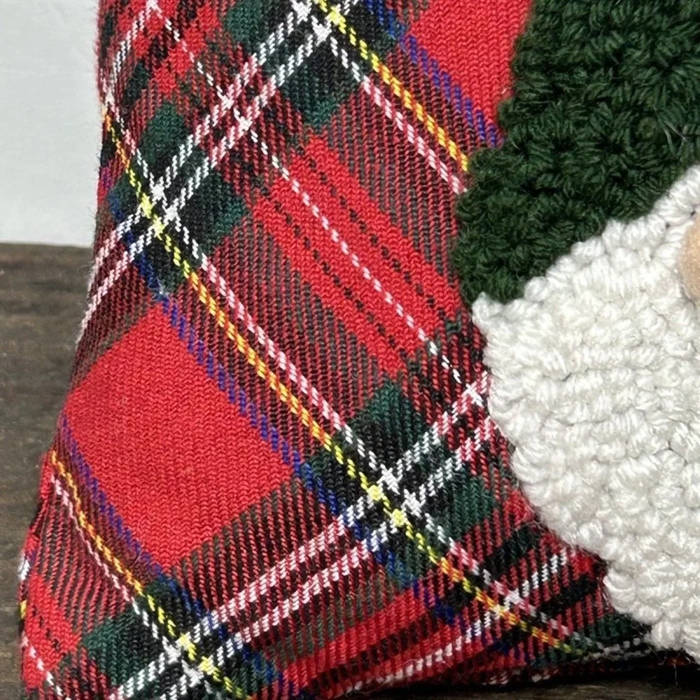 Christmas Gnome Plaid Throw Pillow Red Green Tartan Holiday Decorative Cushion